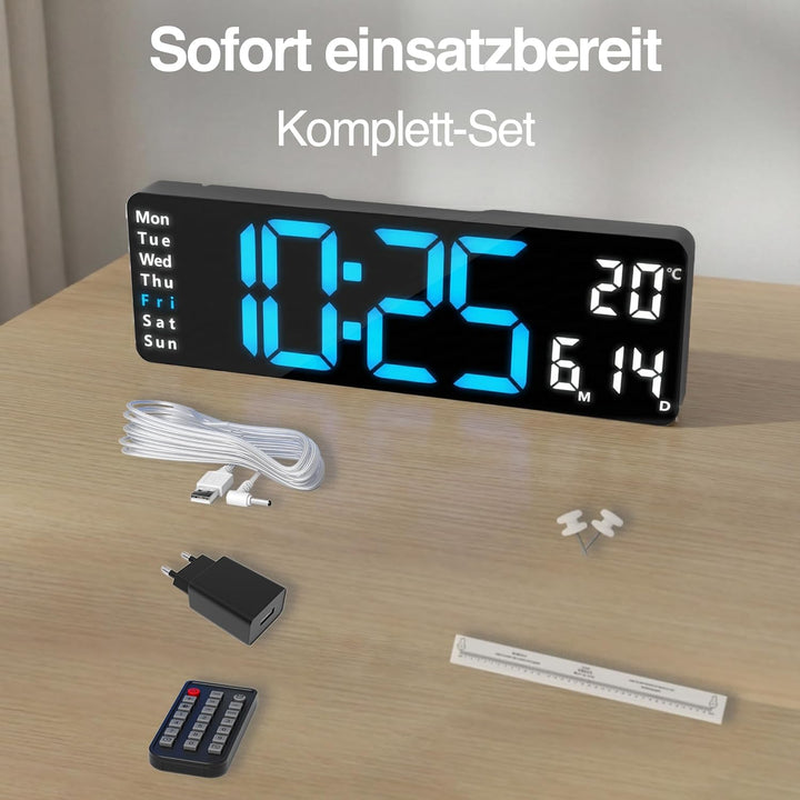 OPIS Clock 1 XL 32 cm – Wanduhr Digital in Blau mit Fernbedienung, Temperaturanzeige, Datum, Wochent
