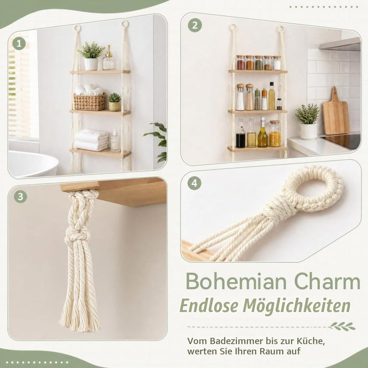 Hängeregal Holz Schweberegal Boho 3 Etagen Wandregal Makramee Regal Hängend Pflanzenregal ohne Bohre