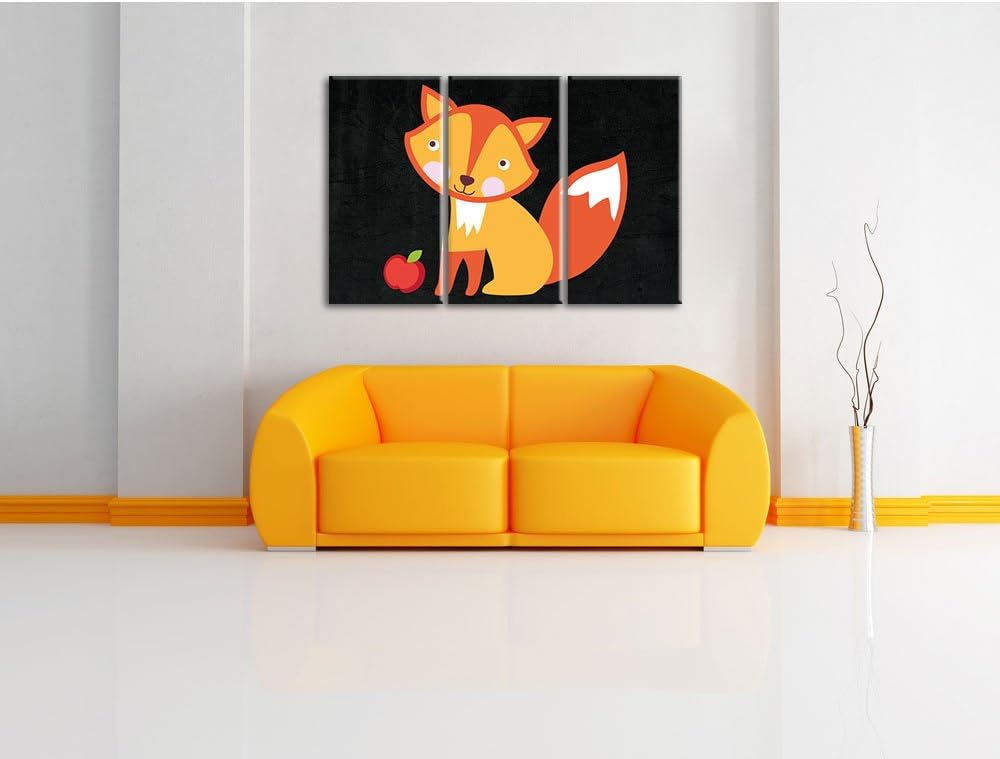 Pixxprint Niedlicher Fuchs mit Apfels als Leinwandbild/Grösse: 3 Teilig (120x80) cm/Wandbild/Kunstdr
