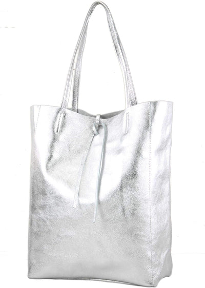 modamoda de - T163 - Ital. Shopper Large mit Innentasche aus Leder, Silber-metallic