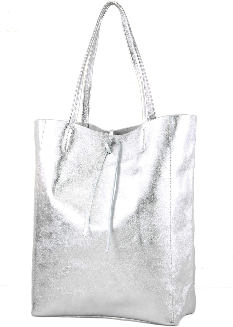 modamoda de - T163 - Ital. Shopper Large mit Innentasche aus Leder, Silber-metallic