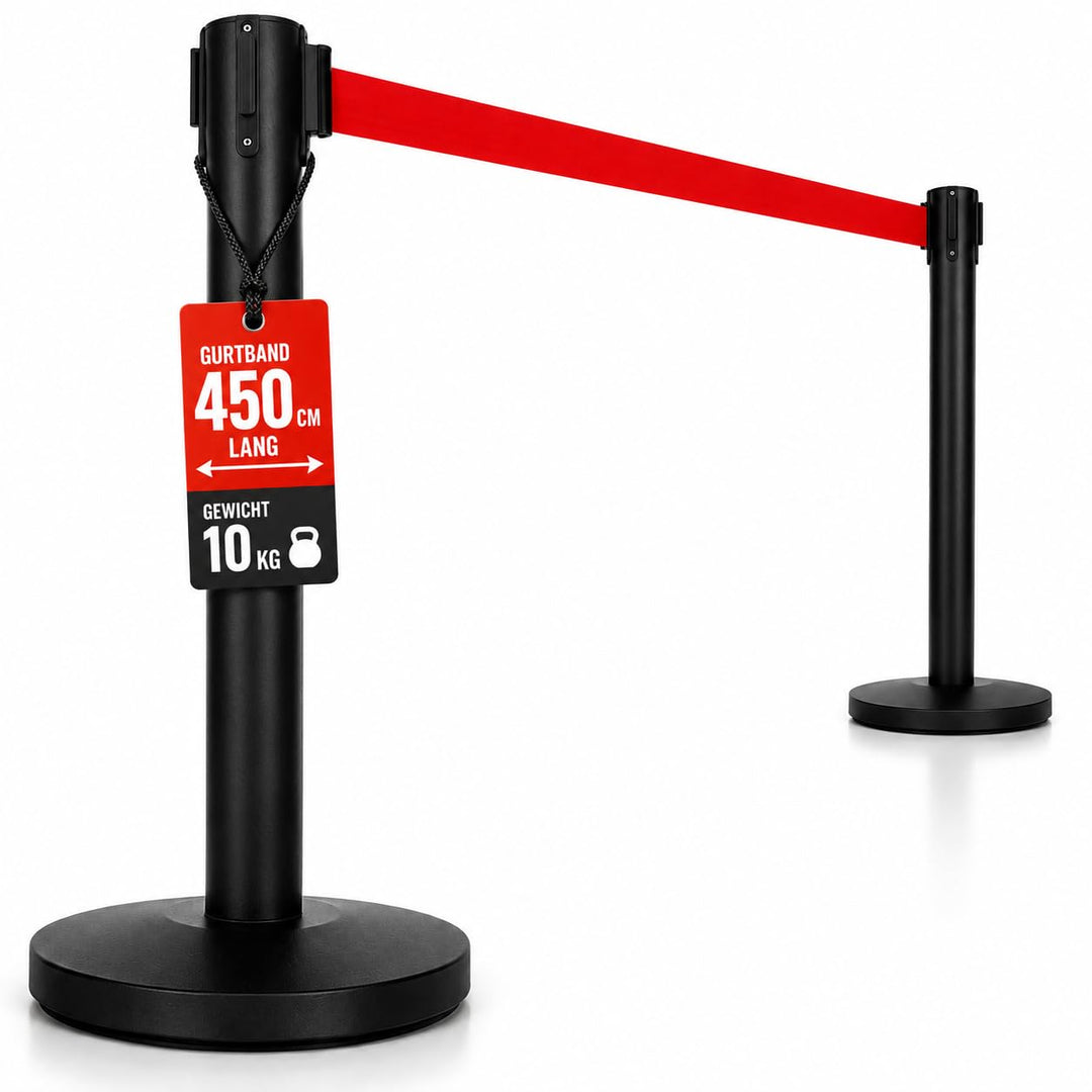 heyChef - 2er-Set | 450cm Gurtband rot extra-lang, Absperrpfosten Edelstahl pulverbeschichtet schwar