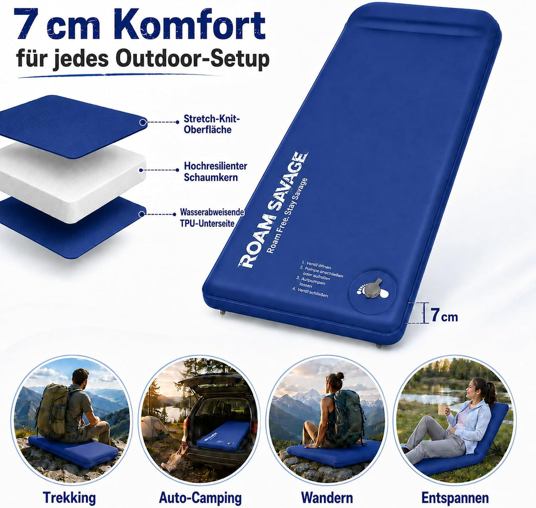 ROAM Savage Selbstaufblasende Camping-Isomatte, 7 cm Schlafmatte mit Kopfkissen, R-Wert 8,0 Isolieru