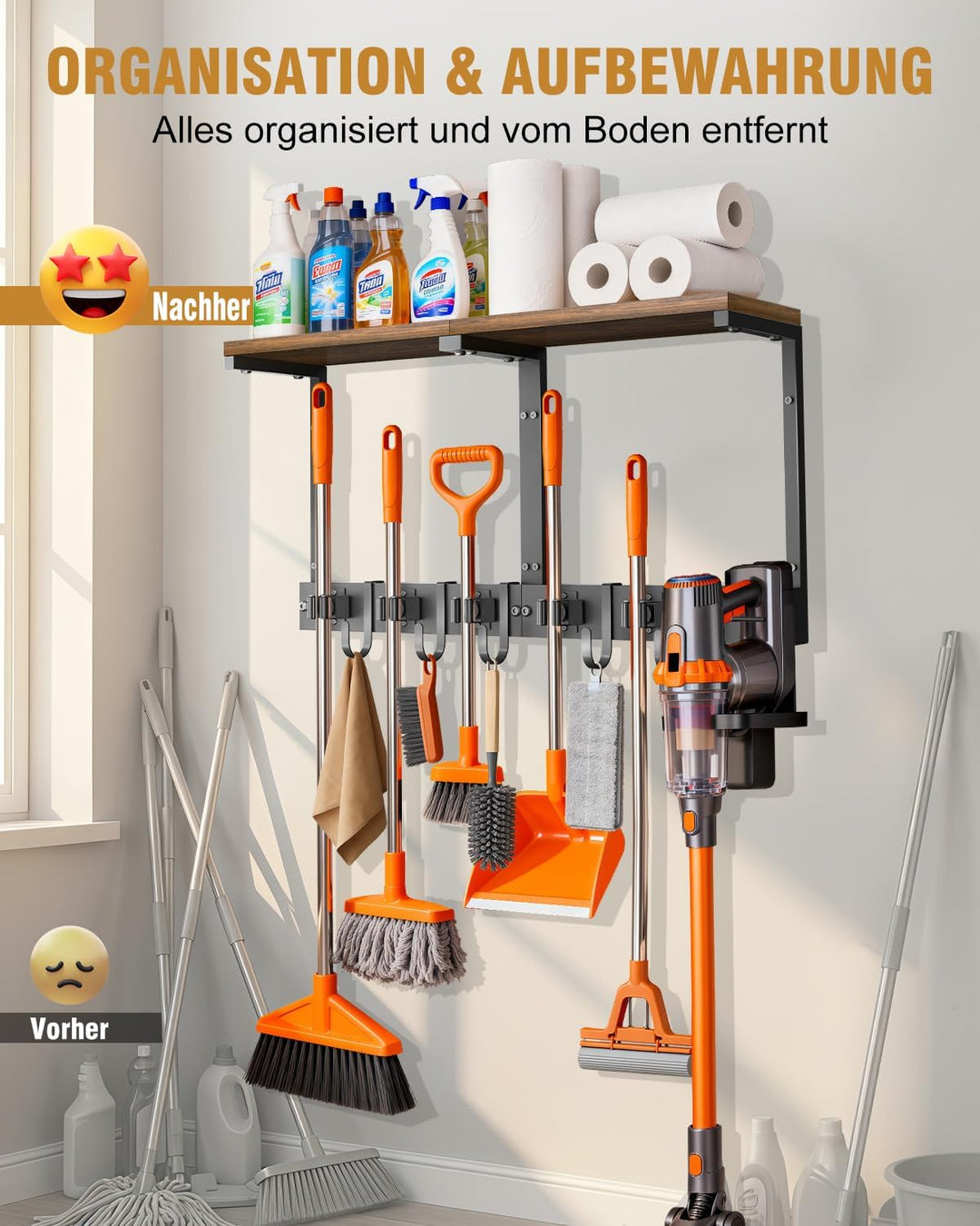Supforce Besenhalter Wandmontage mit Holzablage, robuster Gerätehalter aus Metall mit Staubsaugerhal