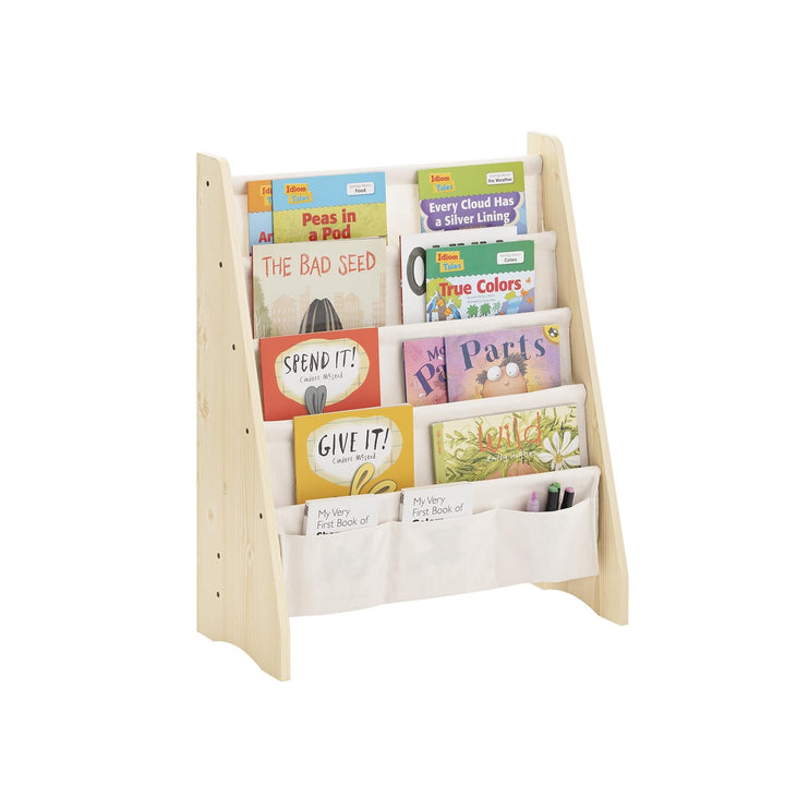 SoBuy Montessori Bücherregal Kinder Regal Kinderzimmer mit 4 Stofffächern Aufbewahrung Spielzeug & B