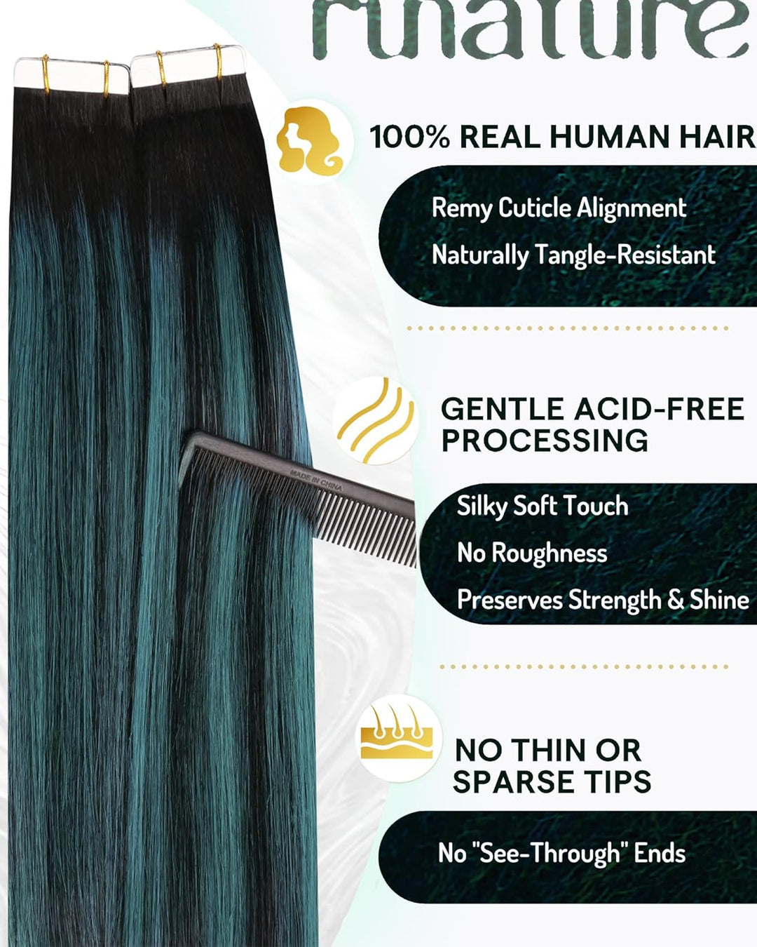 RUNATURE Tape in Extensions Echthaar 30cm Balayage Schwarz Green Ombre Kurz Haarverlangerung Echthaa