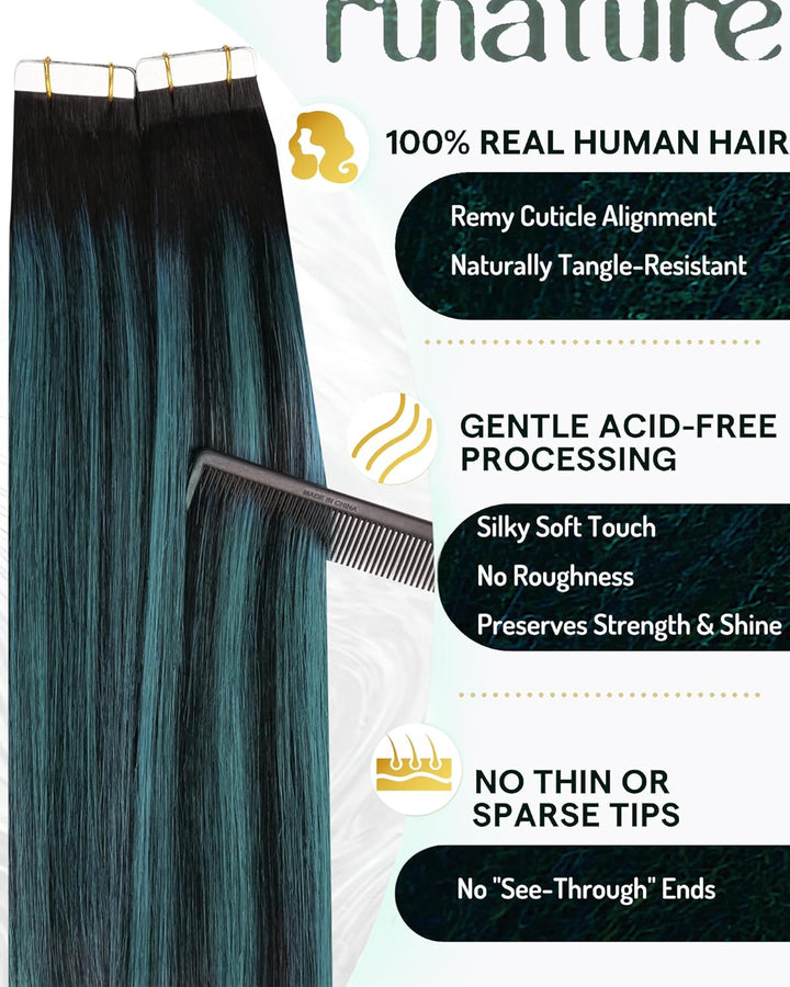RUNATURE Tape in Extensions Echthaar 30cm Balayage Schwarz Green Ombre Kurz Haarverlangerung Echthaa