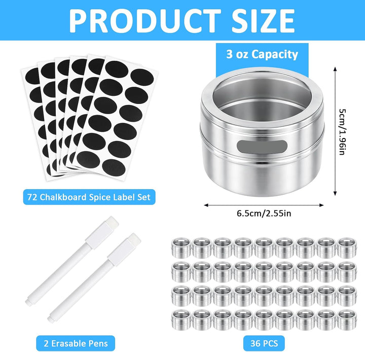 36 Stück Gewürzdosen Magnetisch 89ml / 3oz Gewürzstreuer aus Edelstahl, Magnetische Gewürzbehälter R
