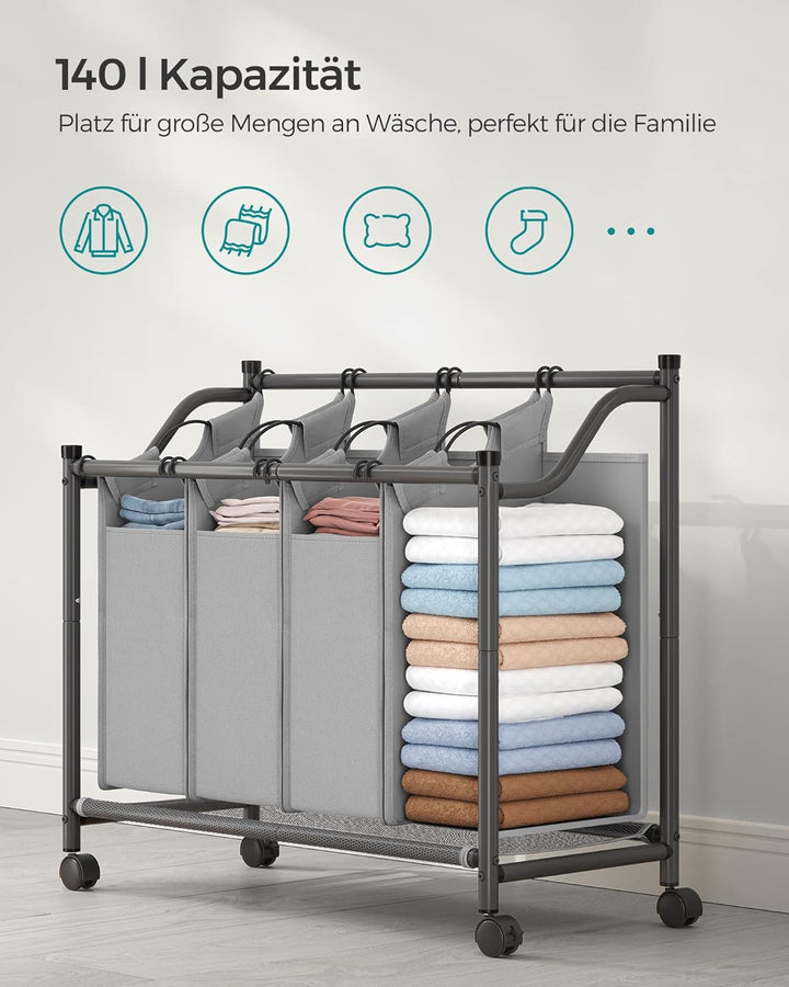 SONGMICS Wäschekorb, Wäschesammler, Wäschesortierer mit 4 abnehmbaren Stofftaschen, Rollen, Aufbewah