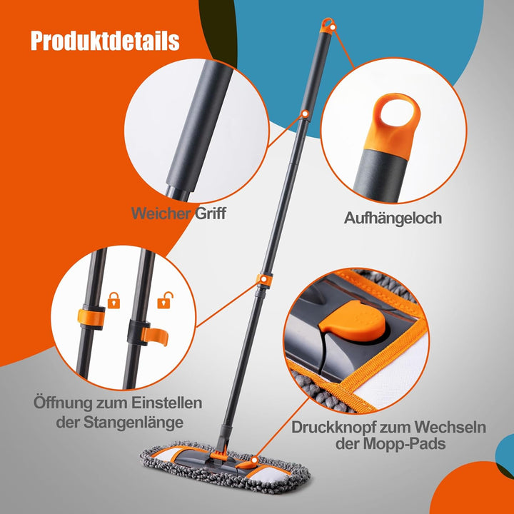 CLEANHOME Bodenwischer Set mit 3 Waschbare Fasermopp-Pads und Ausziehbaren Langen Stiel（112-140CM）,