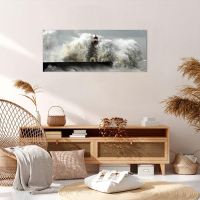 Wandbilder Dekoration Wohnzimmer Leuchtturm Ozean Sturm Panorama Bilder auf Leinwand 120x50cm Leinwa