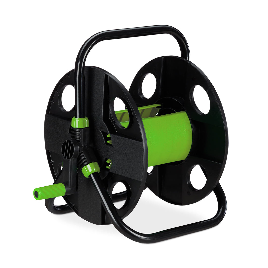 Relaxdays Schlauchtrommel, für 30 m 1/2" Schlauch, Stahl, Kunststoff, Schlauchhalter, HBT: 38 x 42 x