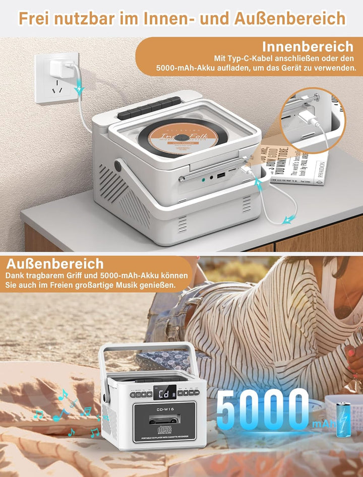 Boombox CD Player tragbar, CD-Player mit Kassettenspieler,UKW-Radio mit cd Player, 5000mAh wiederauf