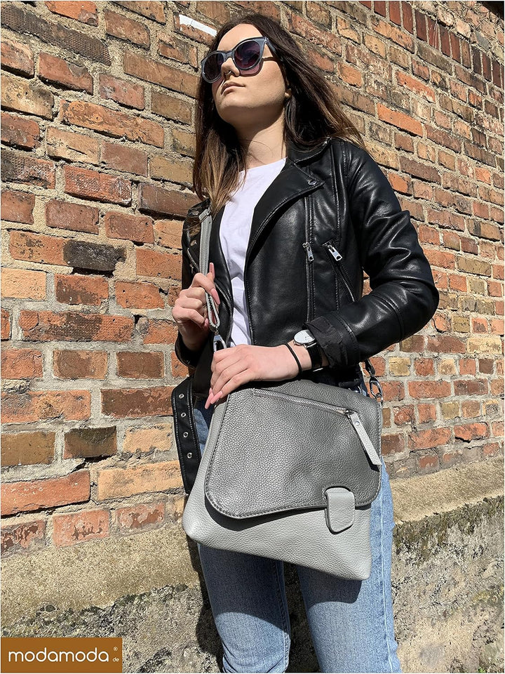 modamoda de - T146 - ital. Umhängetasche Schultertasche aus Leder Telegrau, Telegrau