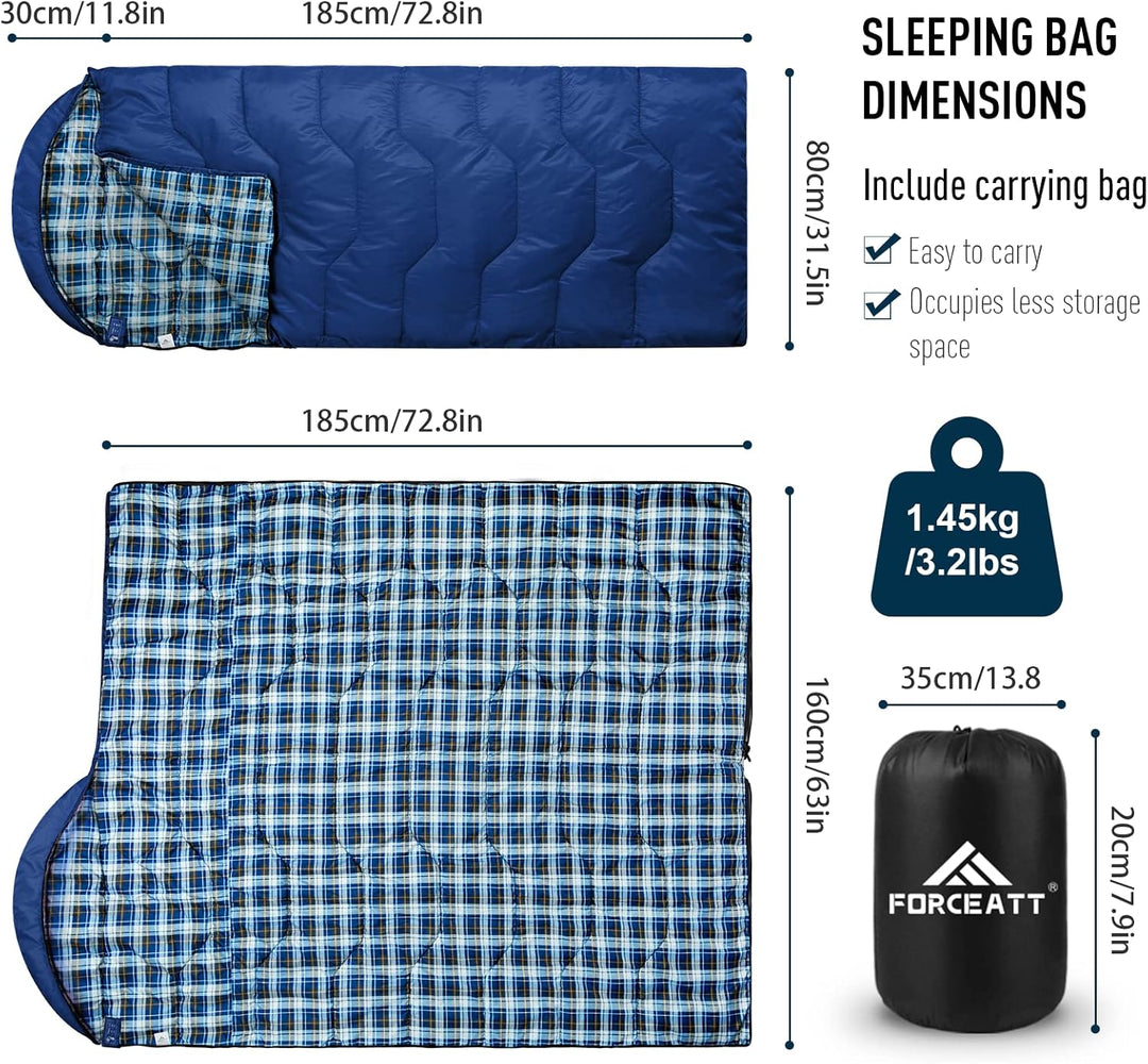 Forceatt Schlafsack 3~4 Jahreszeiten, -5°C Flanell und 20°C Polyester Schlafsack für Erwachsene, was
