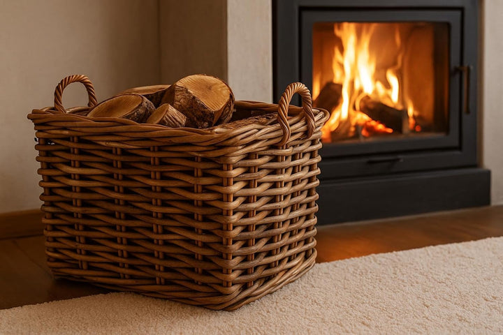 Kobolo Holzkorb aus Rattan mit Jutestoff, 63x42x59 cm, braun, robuster Kaminholzkorb mit Griffen & S