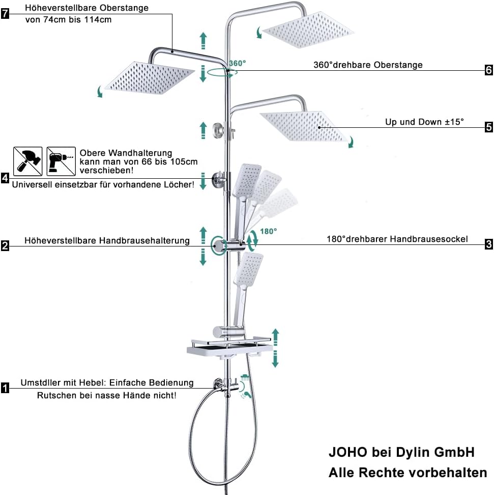 JOHO Edelstahl Regendusche Duschsystem Duschset Duschstange mit Ablage Chrom(Kopfbrause 25x25cm) 252