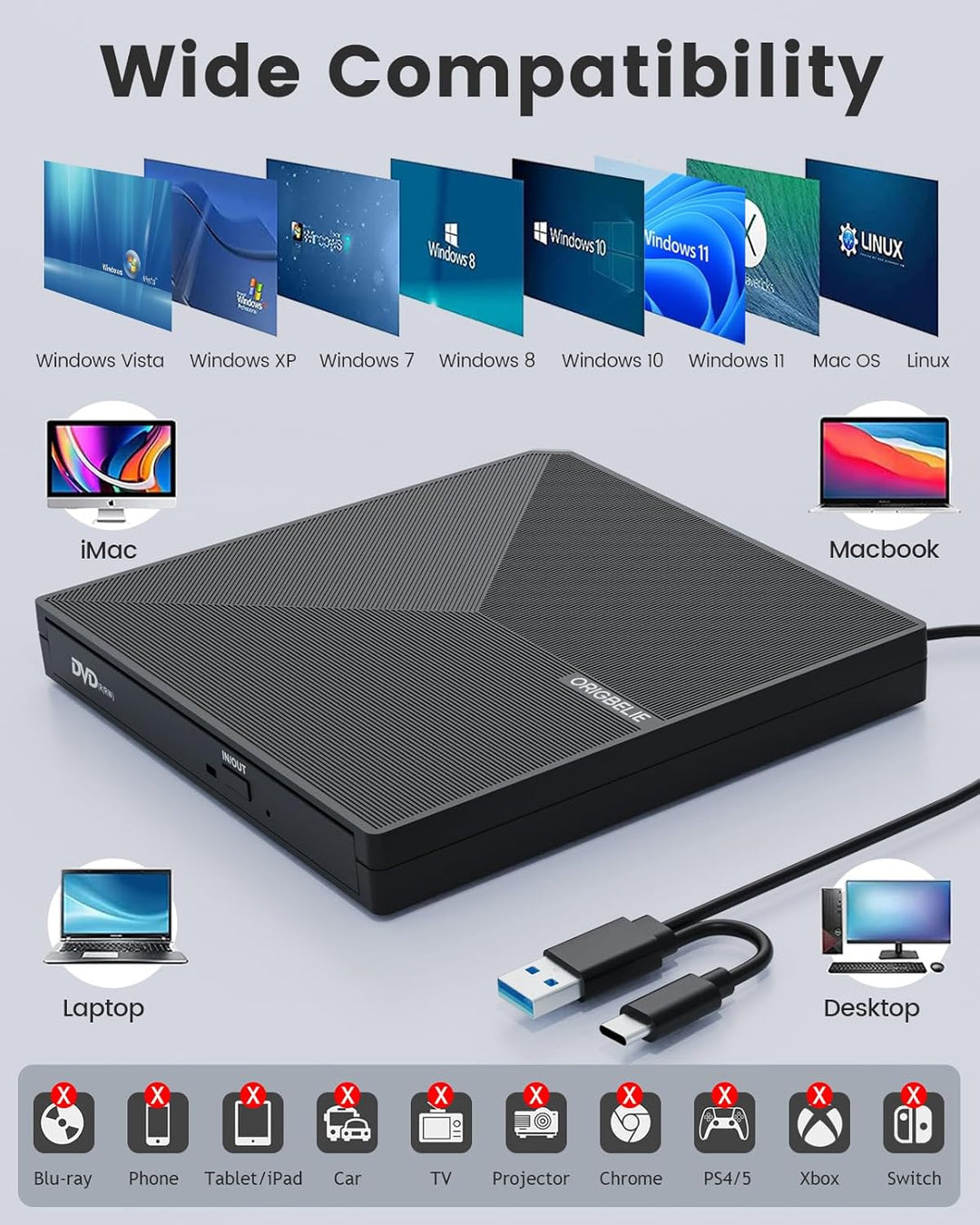 ORIGBELIE Externes DVD Laufwerk, USB 3.0 Typ C CD DVD +/-RW Externer DVD Brenner, Ultra-Slim Externe