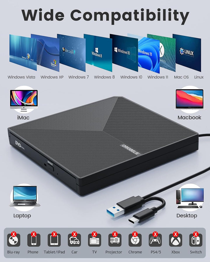 ORIGBELIE Externes DVD Laufwerk, USB 3.0 Typ C CD DVD +/-RW Externer DVD Brenner, Ultra-Slim Externe