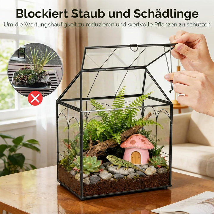 Mini Gewächshaus, 24x14,5x28cm Terrarium mit Aufklappbarem Glasdeckel, Volltransparentem Glas und Bo