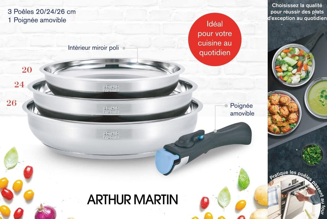 Arthur Martin AM2208 Pfannen-Set, Edelstahl, abnehmbarer Griff, für alle Herdarten geeignet, auch In
