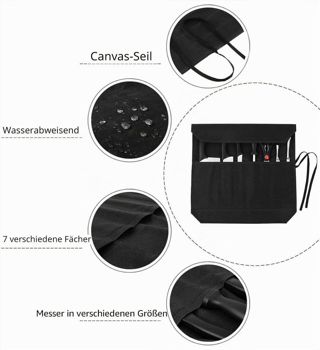 Denifiter Messer-Rolltasche für Köche, 7 Fächer, strapazierfähiges gewachstes Segeltuch, schwarz