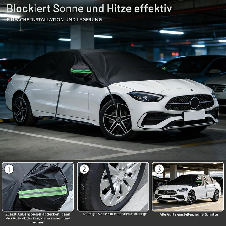 Universal Halbgarage Autoabdeckung,Halbe Autoabdeckung mit Haken und Riemen, Wasserdicht Autogarage