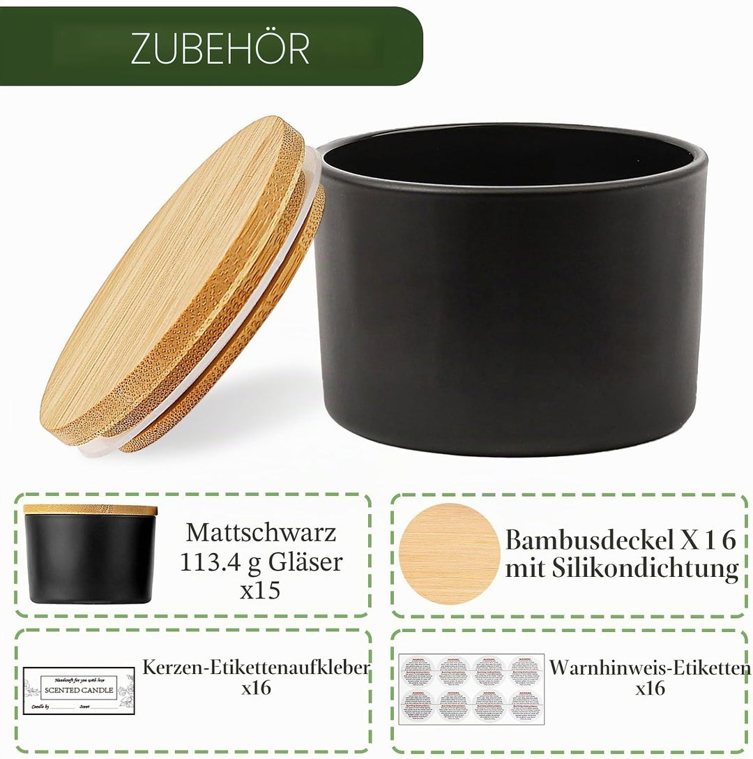 CONNOO 15 Stück 120ml Mattschwarze Glas-Kerzengläser mit luftdichten Bambusdeckeln zum Kerzenmachen,