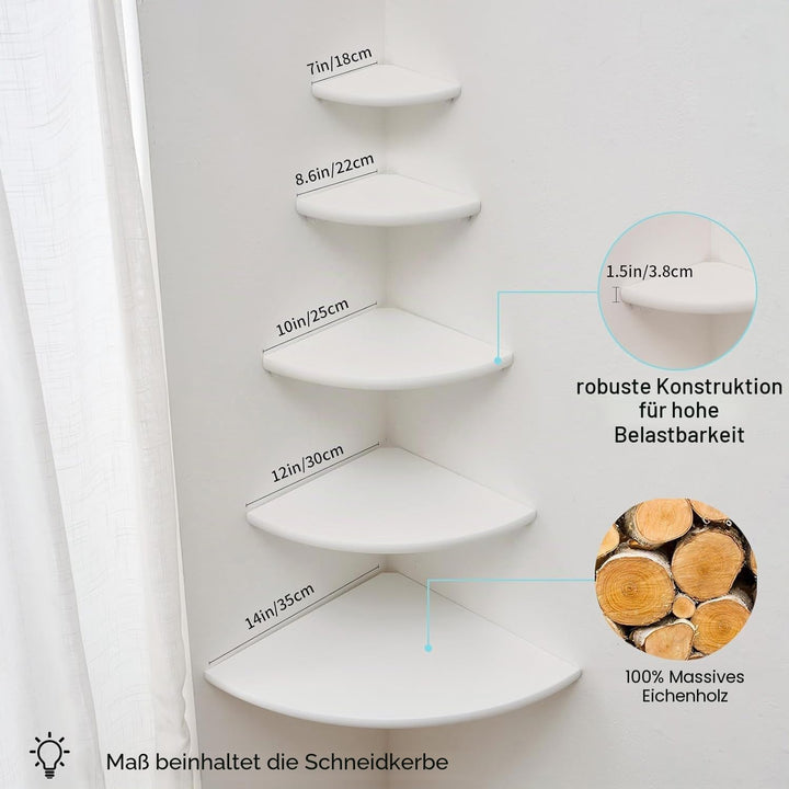 Gieanoo Eckregal Hängeregal Weiss, Eiche Massivholz runde Wandregal Holz kleines Regal Pflanzenregal