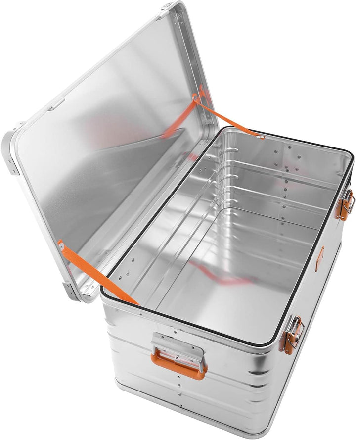 ALUBOX Alukiste abschliessbar E92 - Premium Aluminium Lagerbox 92 Liter - Deckel mit Aluminium Druck