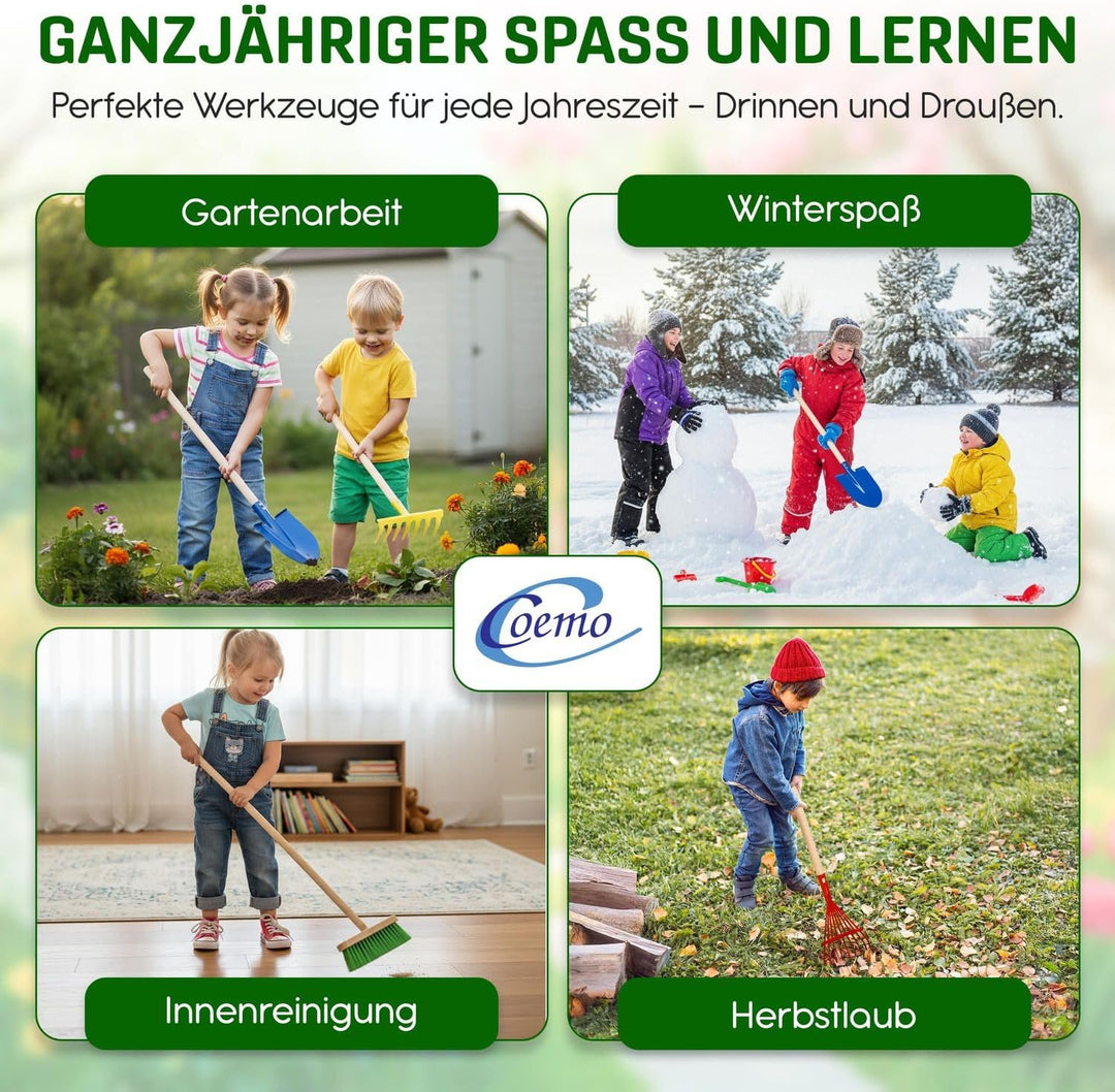 Kinder-Gartenset, Gartengeräte, Set 5-teilig Kinder Schaufel, Besen, Harke, Rechen, Spaten, Laubbese