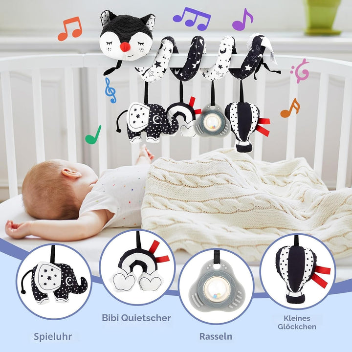 Funsland Kinderwagen Spielzeug, Baby Activity Spirale Spielzeug mit Musik, Hängen Plüsch Schwarz Wei