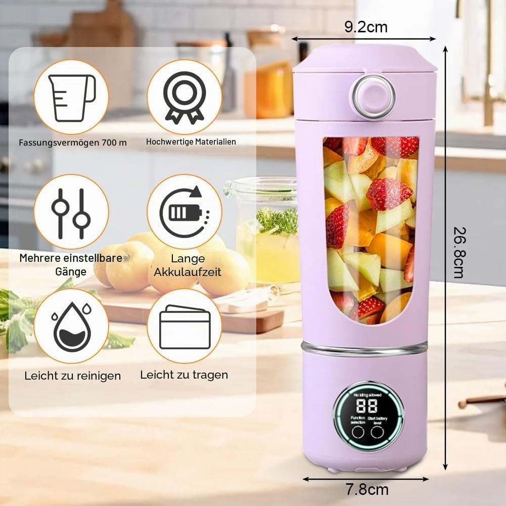 Tragbarer Mixer, 700 ml kleiner Smoothie Mixer, Mini-Standmixer mit 12 Edelstahlklingen und Digitala