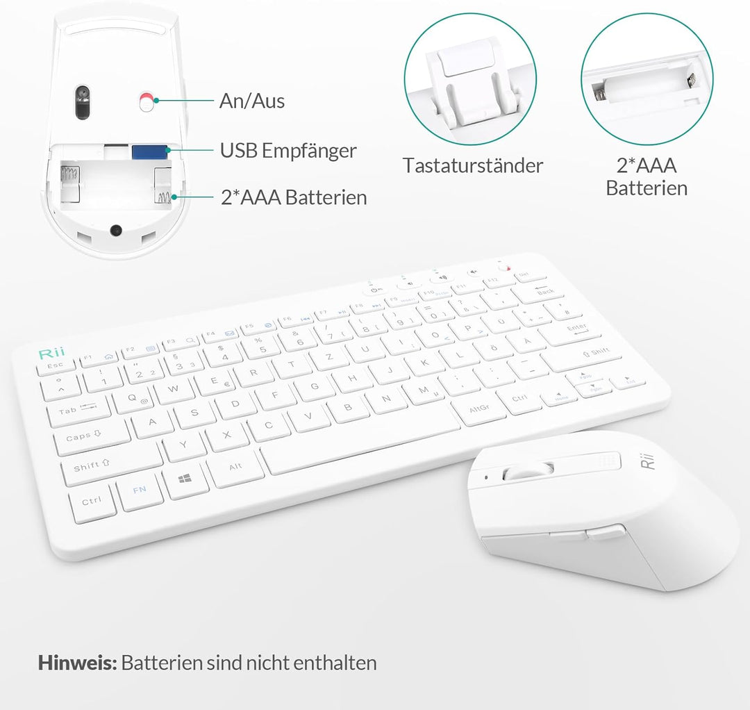 Rii Tastatur Maus Set Kabellos, 2.4G Kabellose Kompakte Tastatur mit Funkmaus für Laptop, PC und Sma