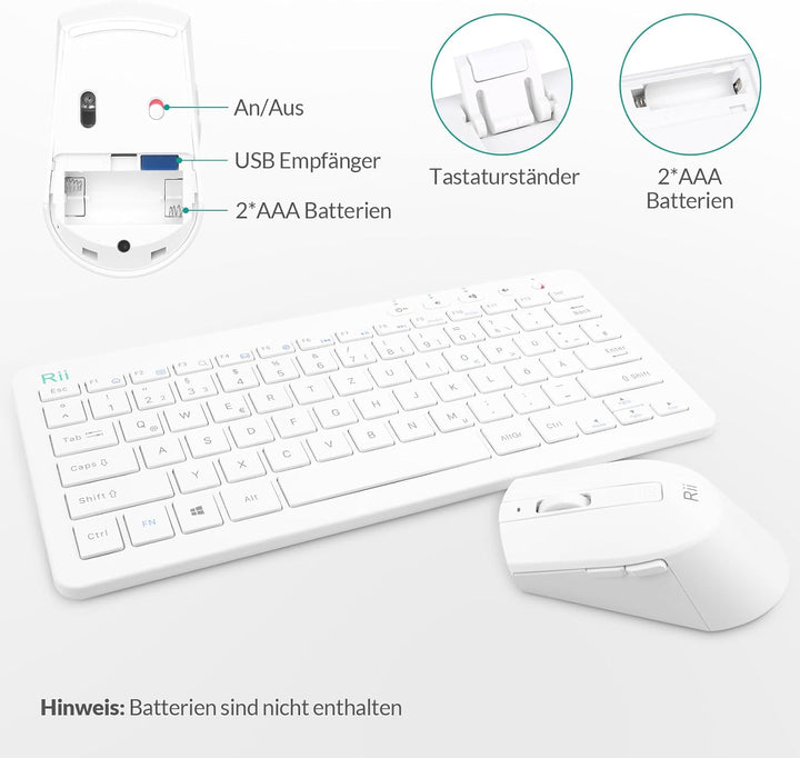 Rii Tastatur Maus Set Kabellos, 2.4G Kabellose Kompakte Tastatur mit Funkmaus für Laptop, PC und Sma