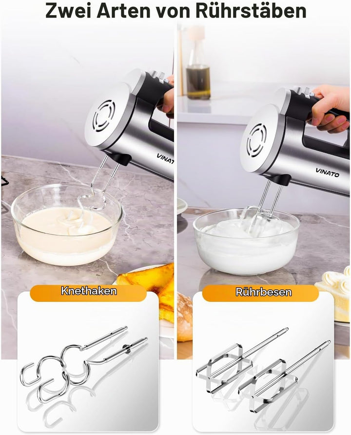 VINATO Elektrischer Handmixer, 300 Watt Handrührgerät mit 5 Geschwindigkeitsstufen, Handrührer mit 2