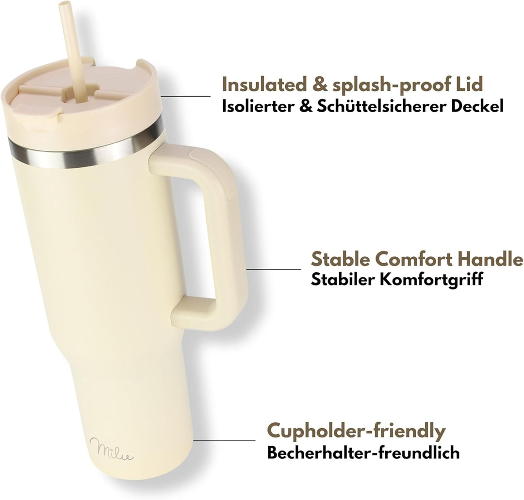 Milu Thermobecher 1200ml mit Strohhalm und Henkel – 48h Eis/24h kalt/12h heiss Edelstahl Tumbler 40o