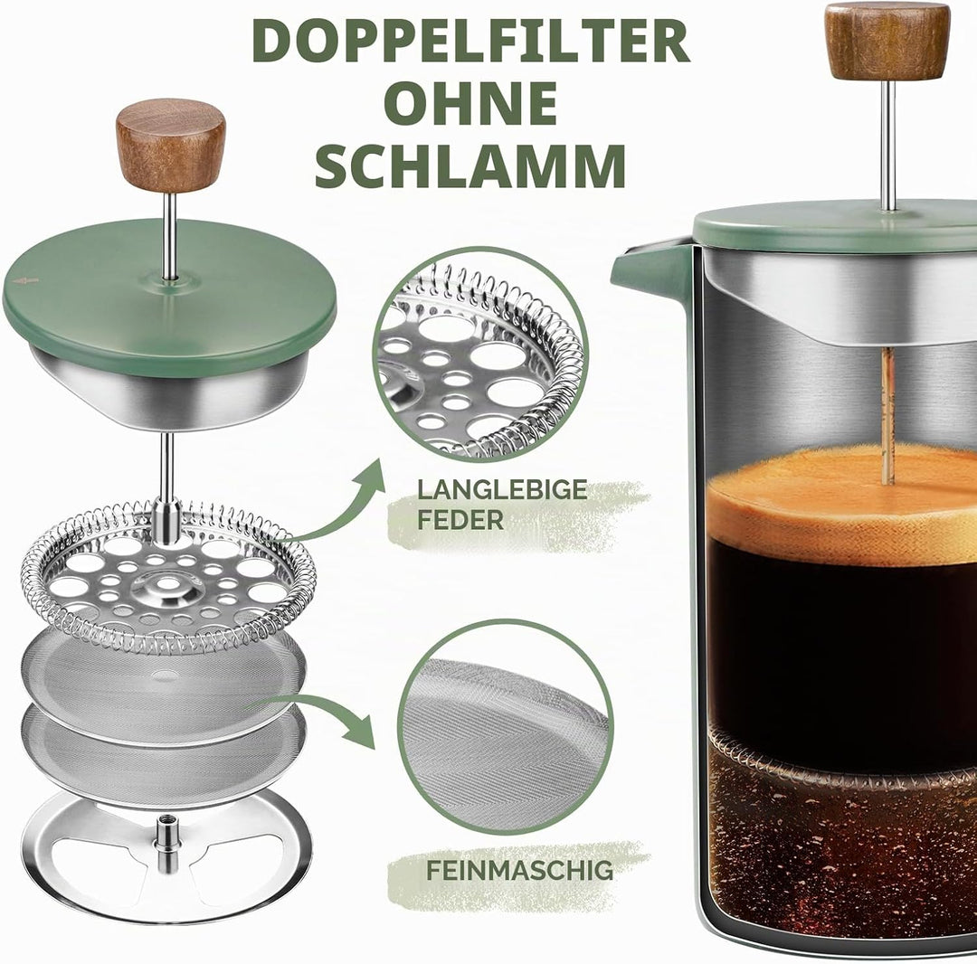 French Press Thermo Kaffeebereiter 1 Liter/8 Tassen, Edelstahl, grüne aus Echtholz, doppelwandig, is