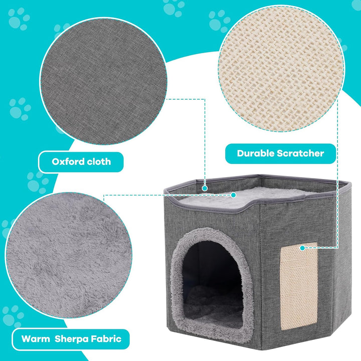 Faltbares Katzenhaus Indoor grosse Katzen, Grosse Katzenhöhle mit Kratzbrett, 2 Schicht Katzenbetten
