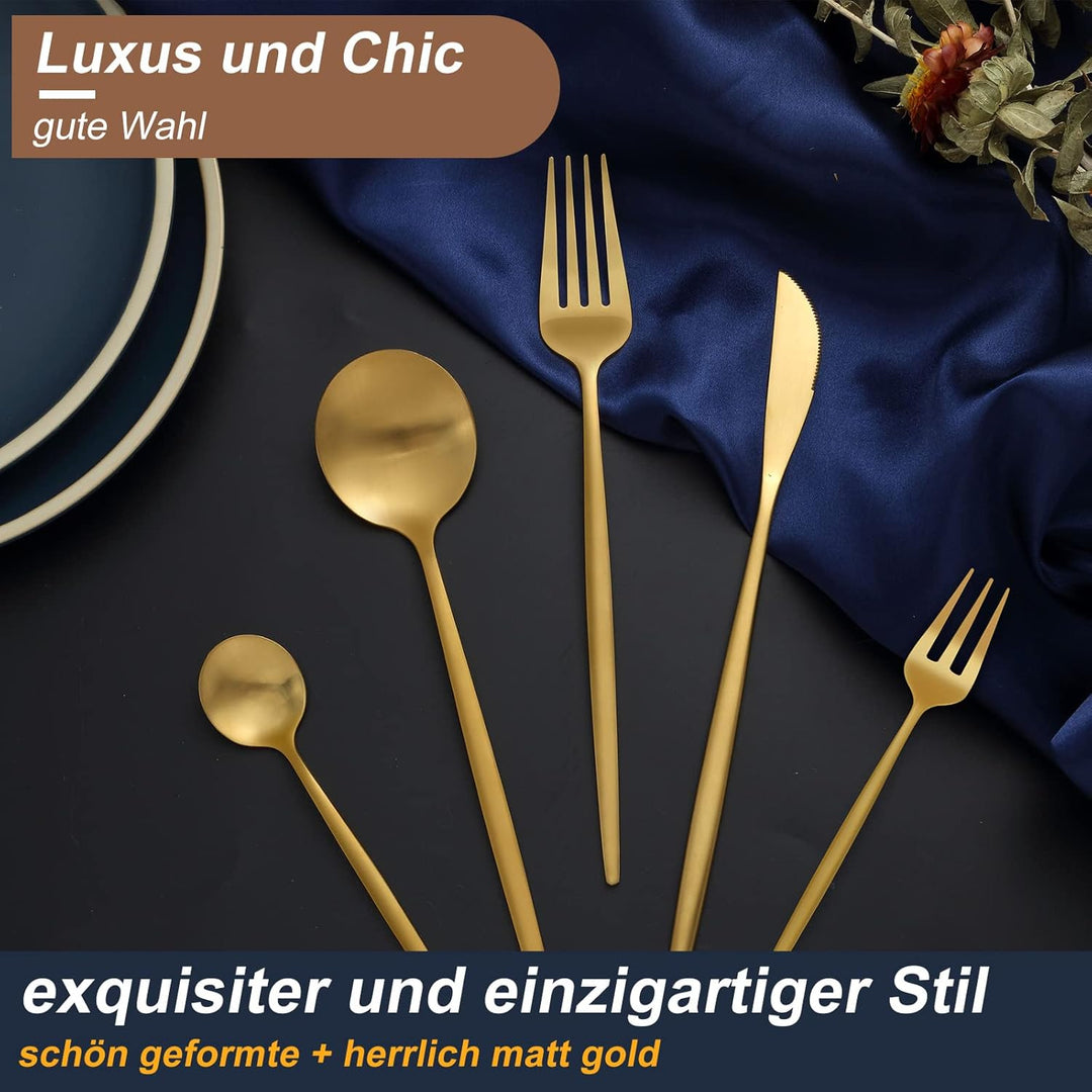 Bestdin Besteck Set 6 Personen, 30 teilig Edelstahl Besteckset Gold Matt, Essbesteck Set mit Messer