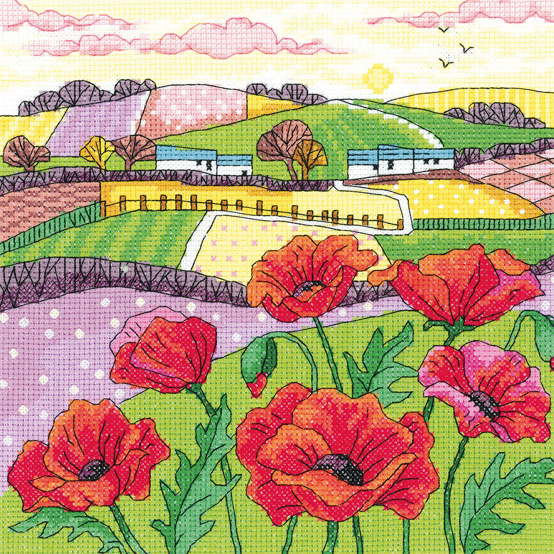 Heritage Kreuzstich Set Aida "Mohnlandschaft", Zählmuster, KCPL1475-A, 20,5x20,5cm