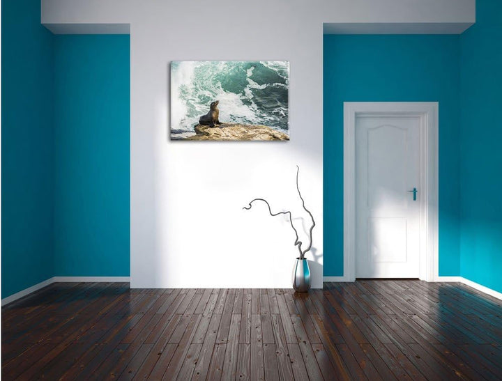 süsse Robbe sonnt sich, Format: 100x70 auf Leinwand, XXL riesige Bilder fertig gerahmt mit Keilrahme