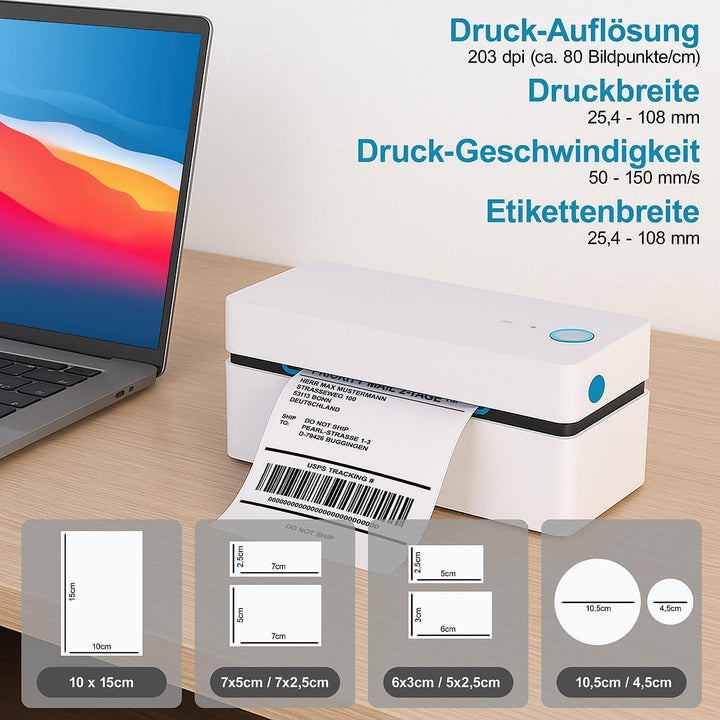 Callstel Mini-Drucker für Handy: Etiketten-Thermodrucker mit 550 Etiketten 100x150mm, 203 DPI, BT, A
