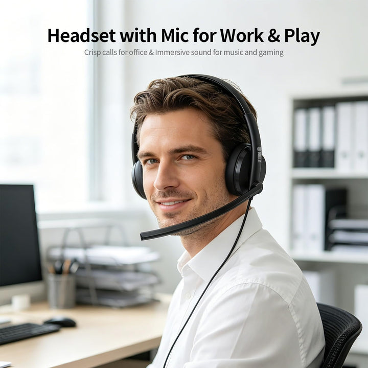 TOALLIN Kabelgebundenes USB-Headset mit Noise-Cancelling-Mikrofon | Stereo-Kopfhörer, Lautstärkeregl