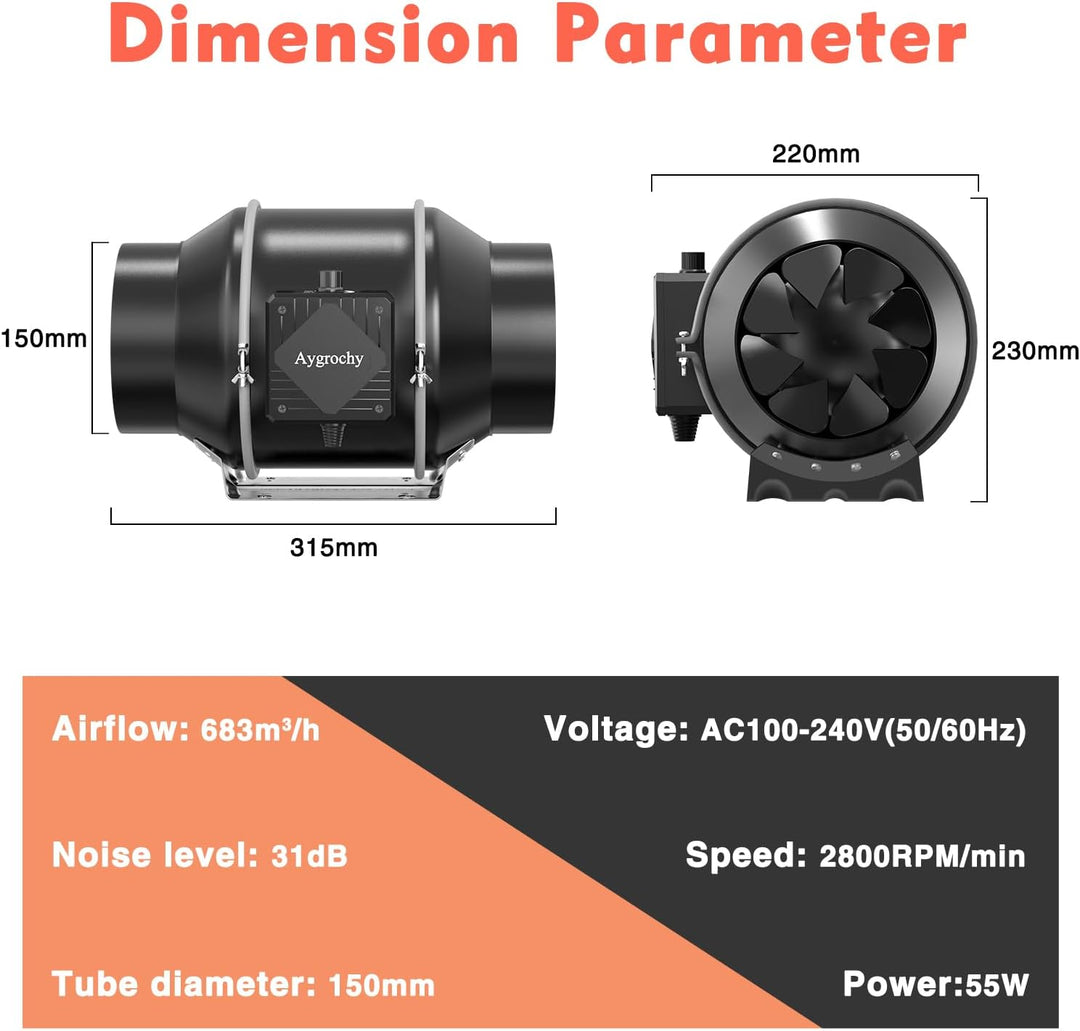 Aygrochy Regelbar Rohrventilator 150mm mit abluftschlauch, Drehstrom EC Motor Abluftventilator für H