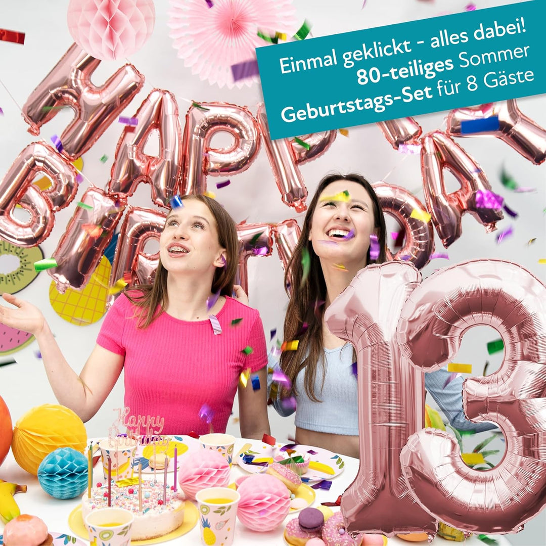 PARTY PARTY 80 Teile Geburtstag Sommer Partygeschirr 13. Geburtstag rosa Deko, 8 Gäste (Becher, Tell