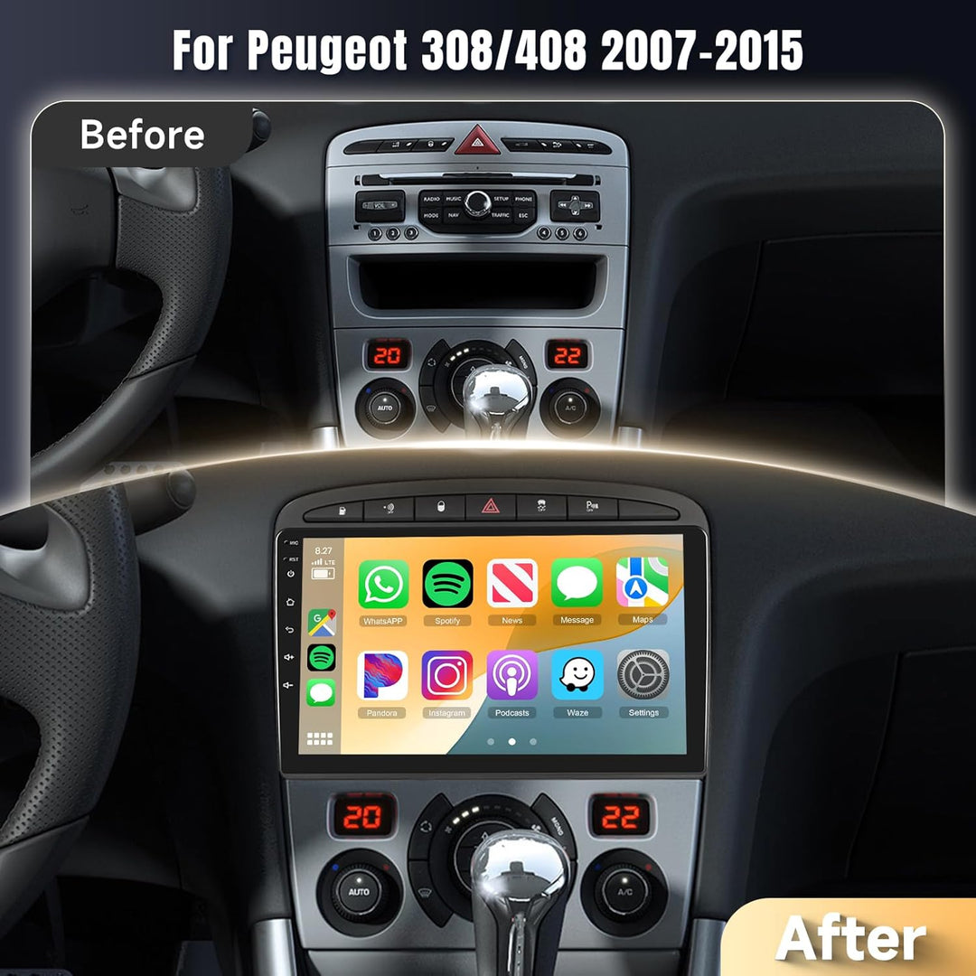 Podofo Carplay Autoradio Navi für Peugeot 308/408 2007-2013, Android 2G+64G HiFi, 9" Touchscreen And