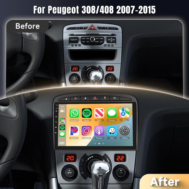 Podofo Carplay Autoradio Navi für Peugeot 308/408 2007-2013, Android 2G+64G HiFi, 9" Touchscreen And