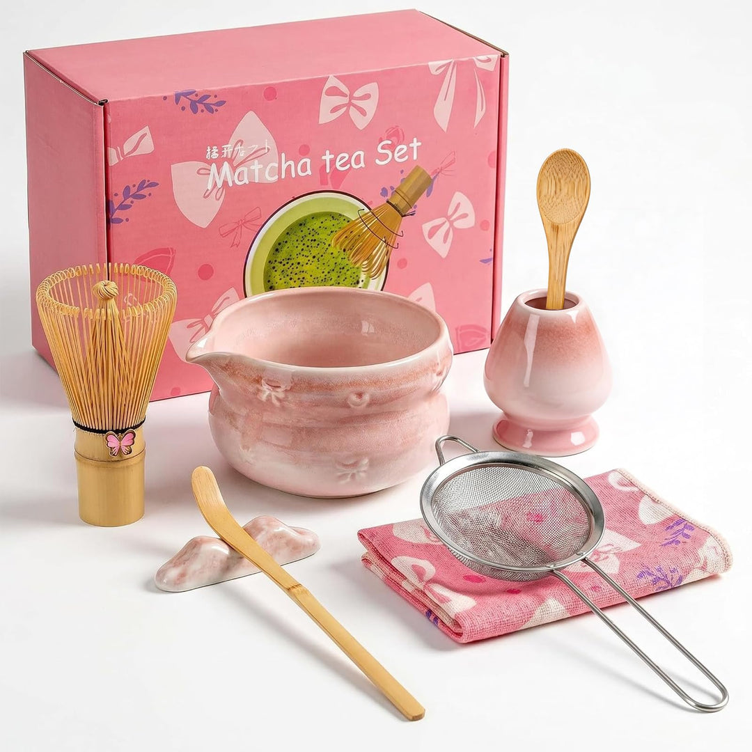 Matcha Set 8-Piece Premium Tea Ceremony Kit with Ceramic Bowl, 100+ Tines Bamboo Whisk (Chasen), Hol