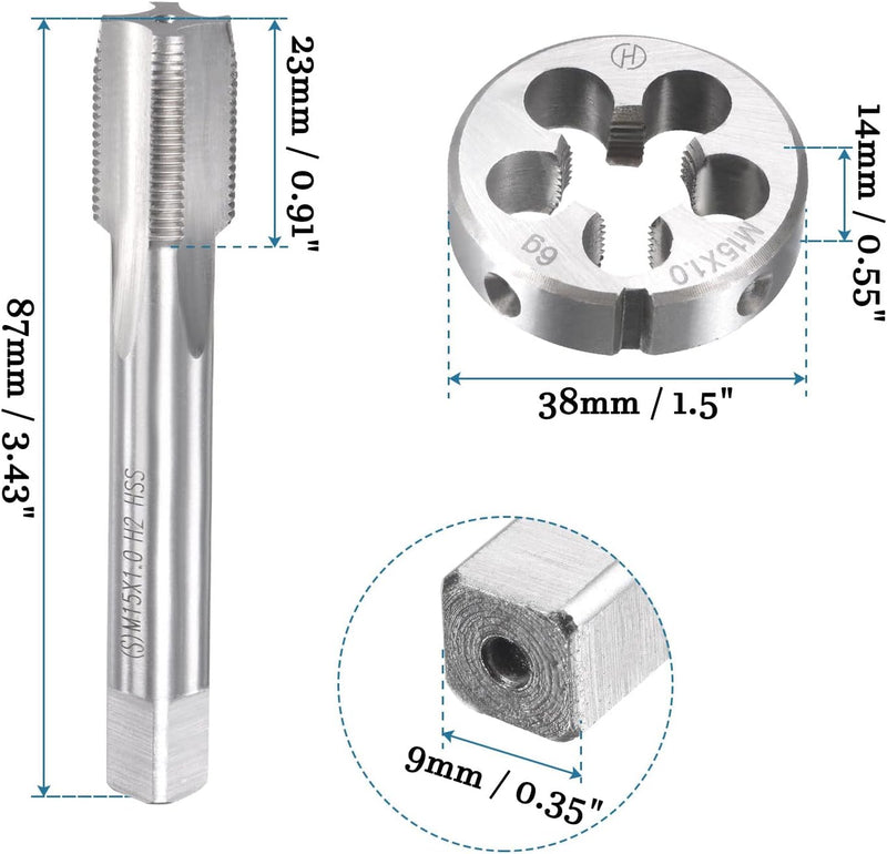 QUARKZMAN M15 x 1mm Metrischer Gewindebohrer und Rundmatrize Set x 1 Set 4 Flöten Schnellarbeitsstah